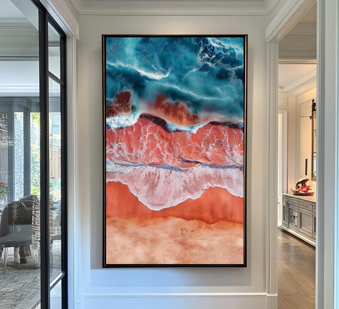 Aerial Ocean Waves Red Sand Beach Turquoise Surf Coast Travel Poster