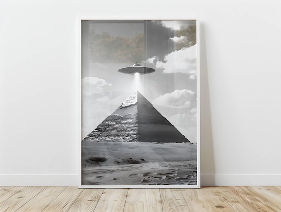 UFO Pyramid Black and White Funny Retro Sci Fi Space Wall Art
