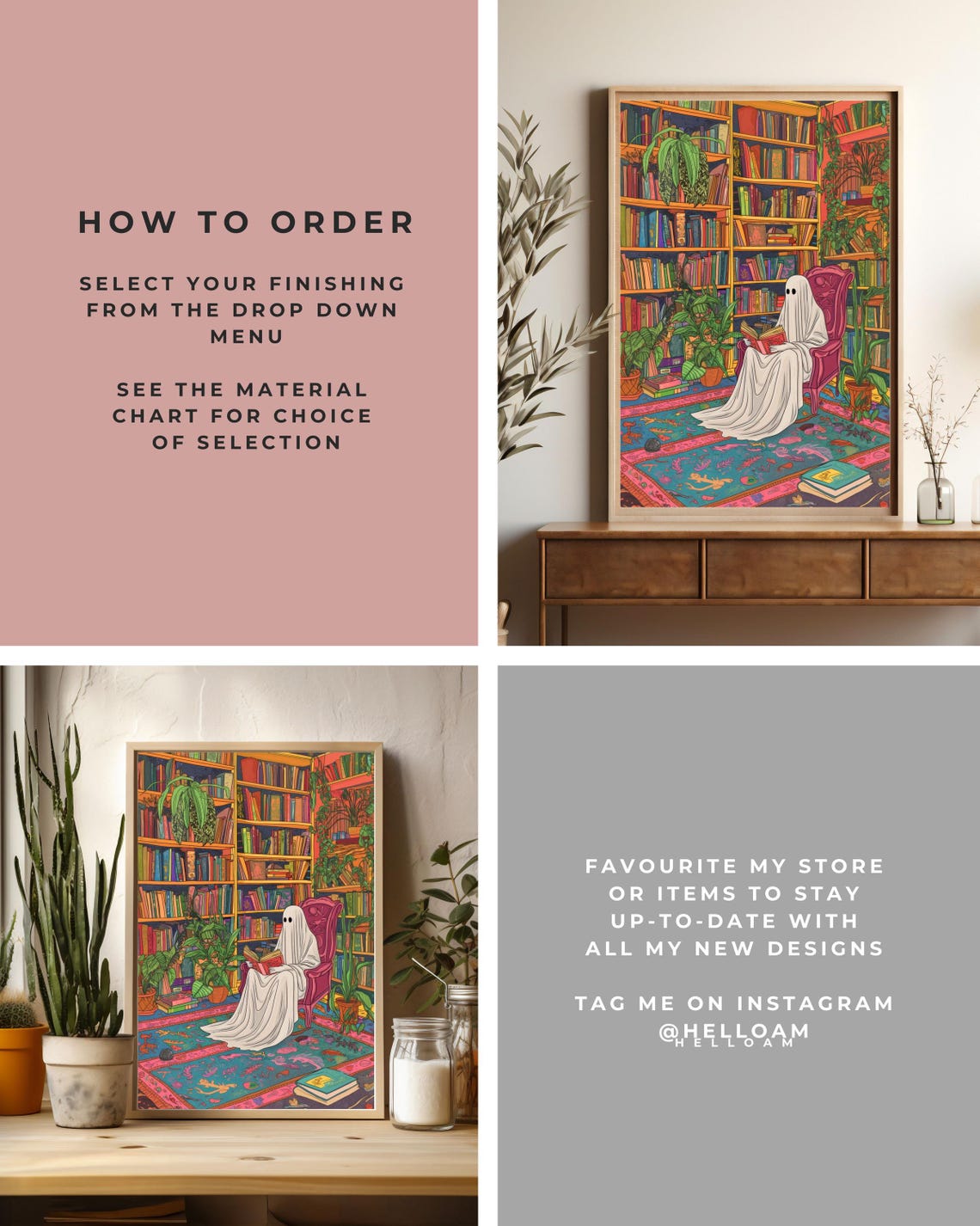 Cute Ghost In A Library Print Romantic Dark Academia Moody Cottagecore Spooky Decor Vintage Poster Gothic Painting Reading Ghost Pink - Image 2