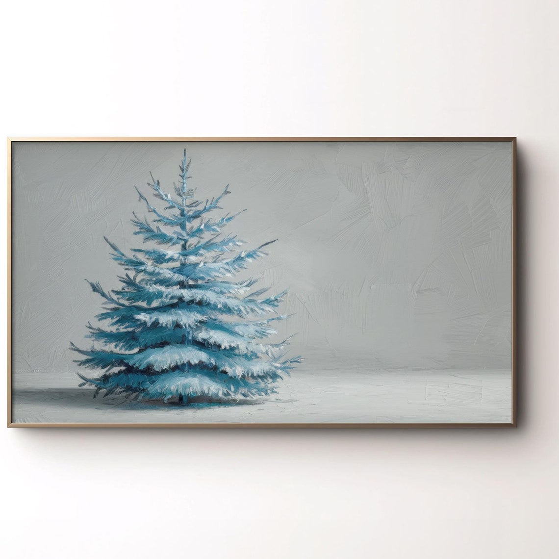 Muted Blue Christmas Tree Painting Snowy Winter Minimalist Art Poster