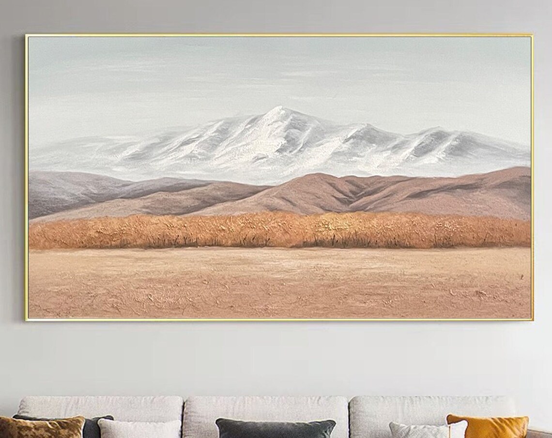 Snowy Mountains Warm Ochre Plain Minimalist Landscape Oil Poster