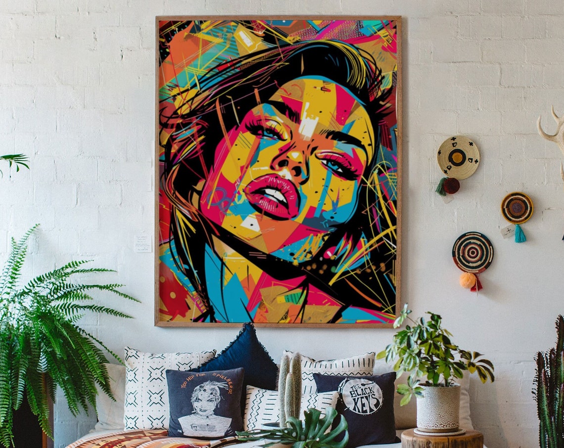 Bold Neon Woman Face Graffiti Poster With Yellow Paint Strokes