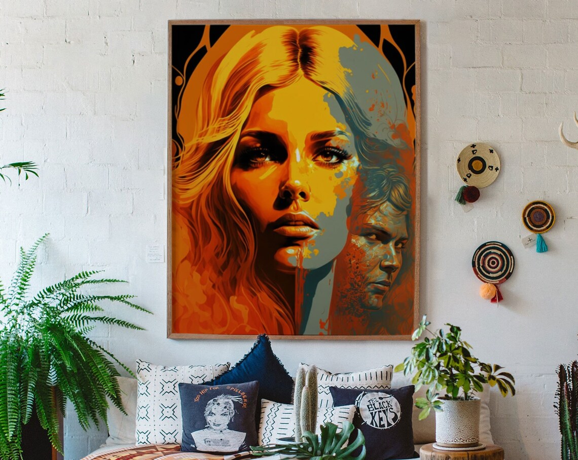 Pop Art Dual Portrait Poster Of A Woman And Man In Orange Blue