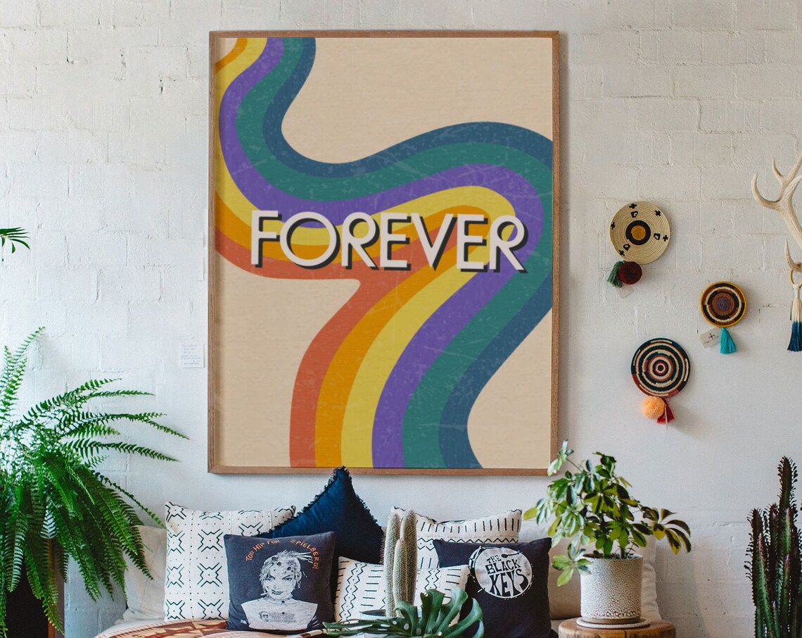 Forever Retro Rainbow Swirl Quote Poster In Groovy 70s Waves