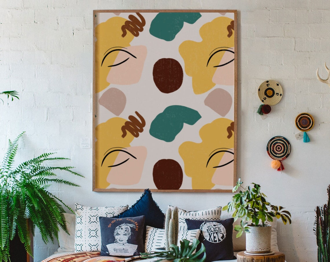Boho Abstract Sleeping Faces Pattern Modern Neutral Art Poster