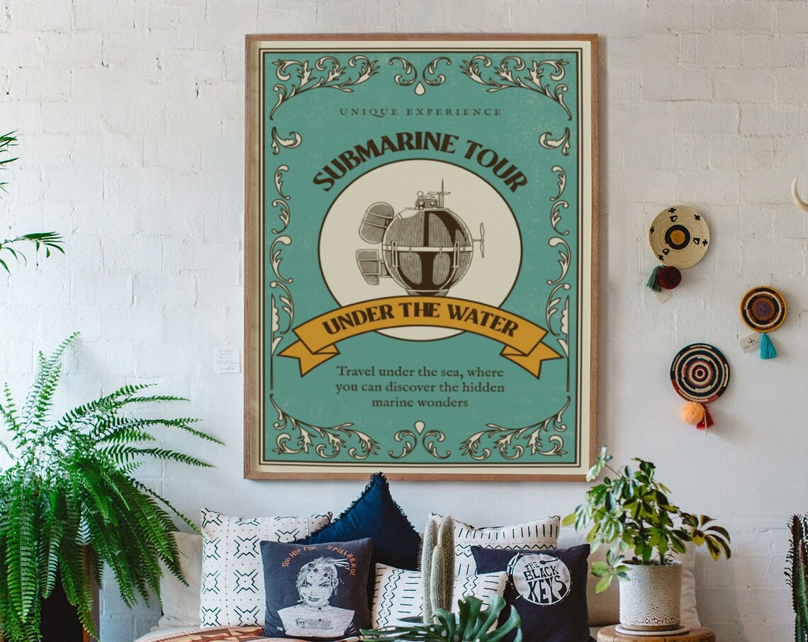 Submarine Tour Under The Water Teal Vintage Diving Bell Ad Poster