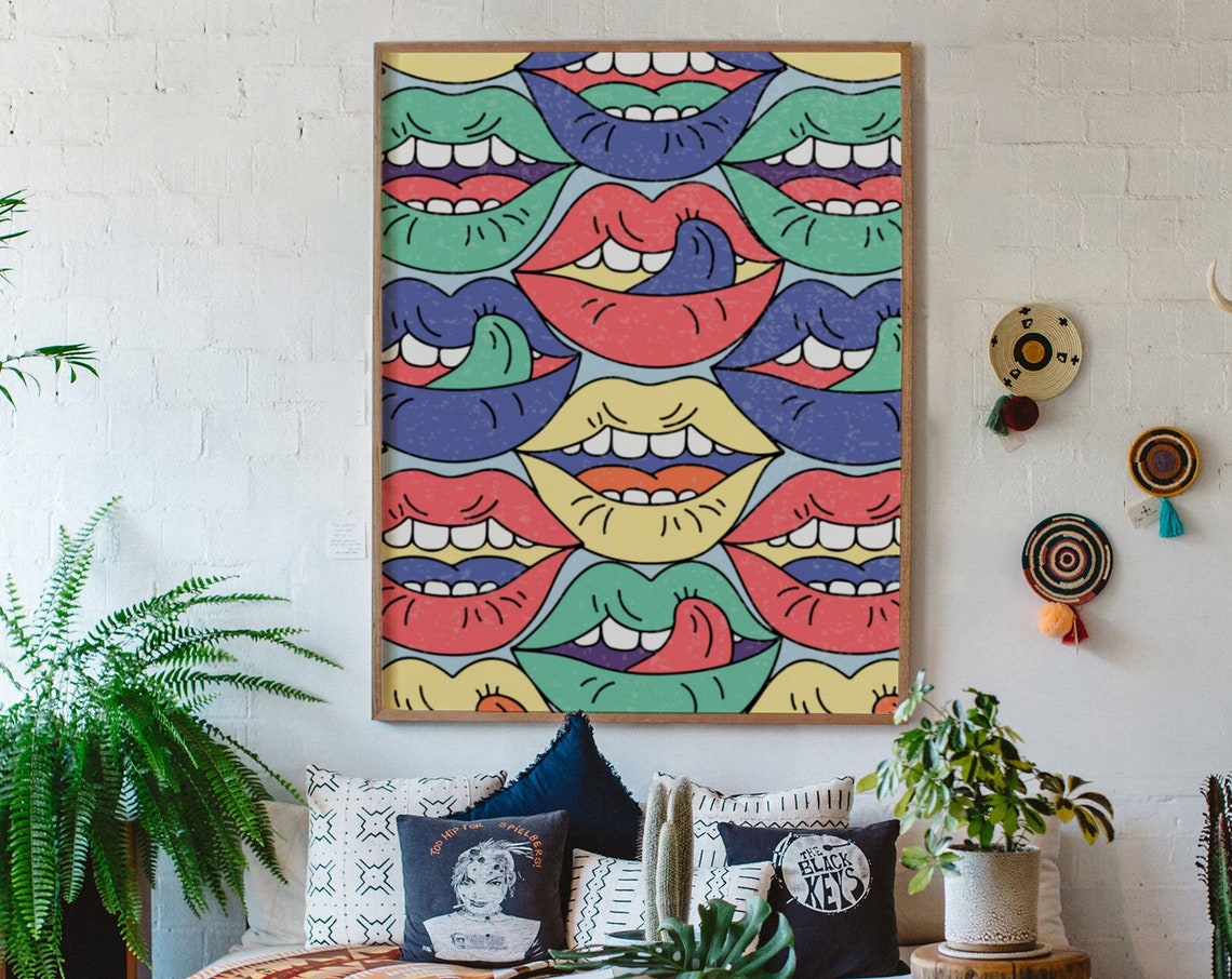 Pop Art Colorful Lips Pattern Bold Retro 70s Statement Wall Art
