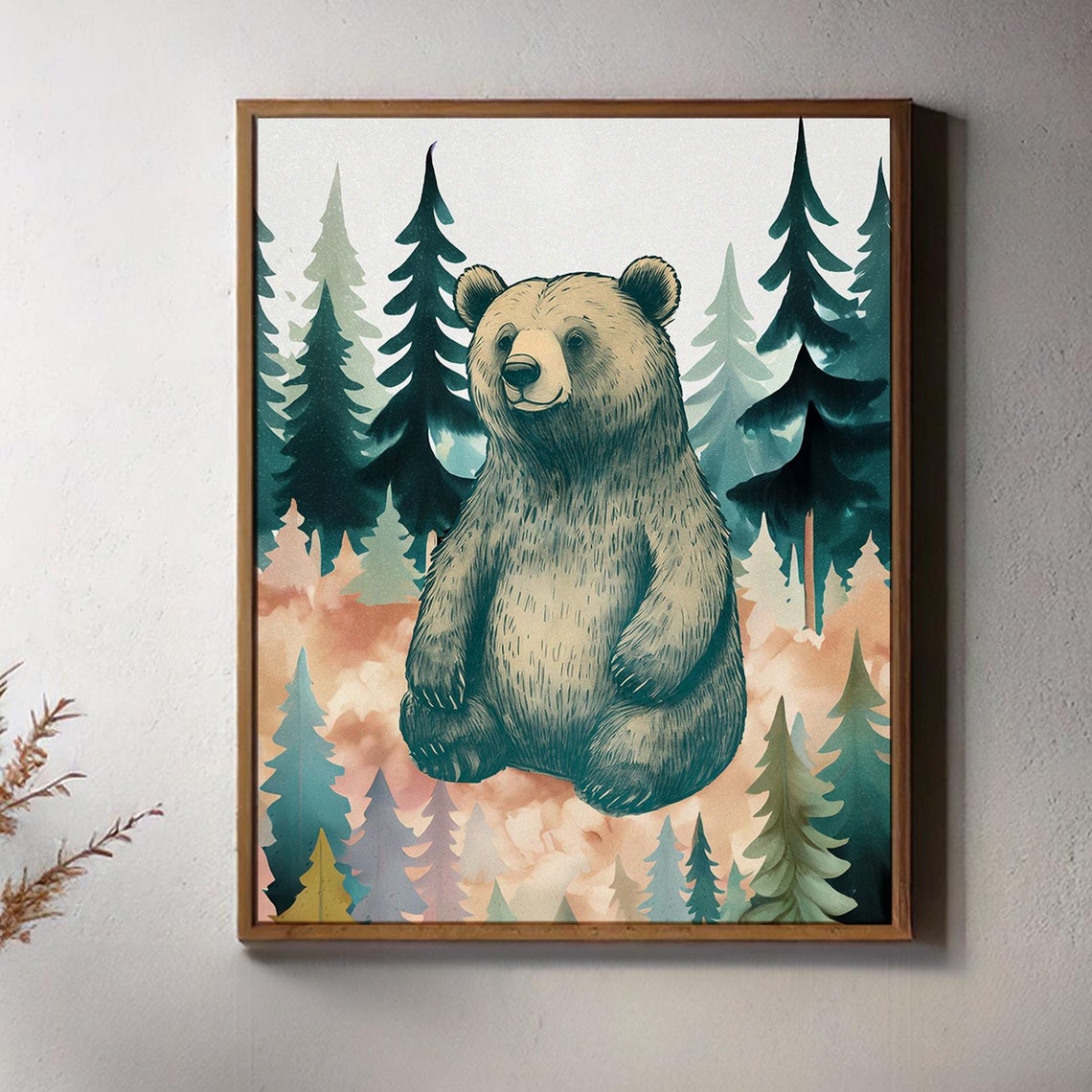 Pastel Forest Bear Sitting Among Pine Trees Nursery Art Poster - Image 3