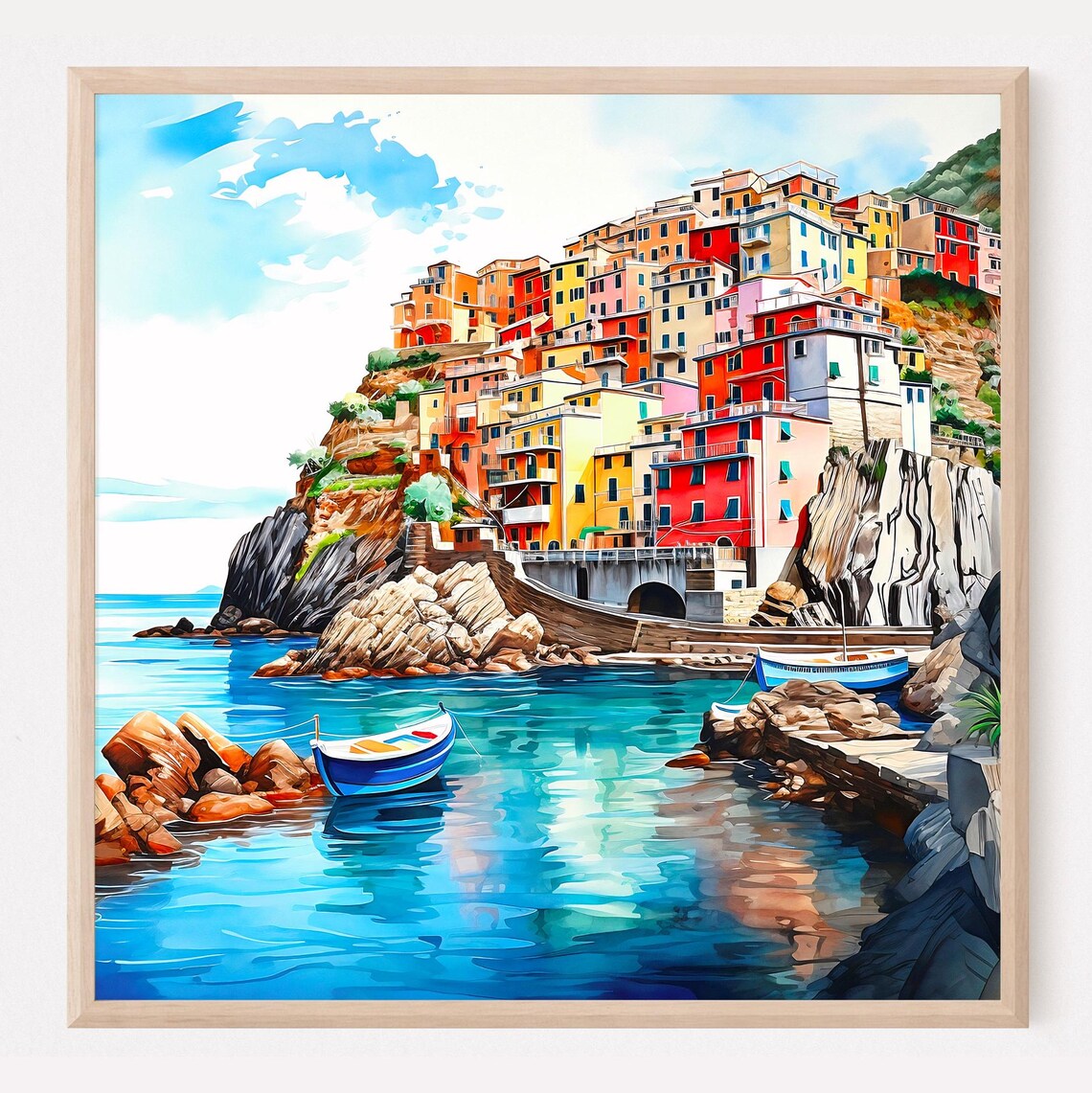 Italian Coastal Village Colorful Harbor Watercolor Art Print