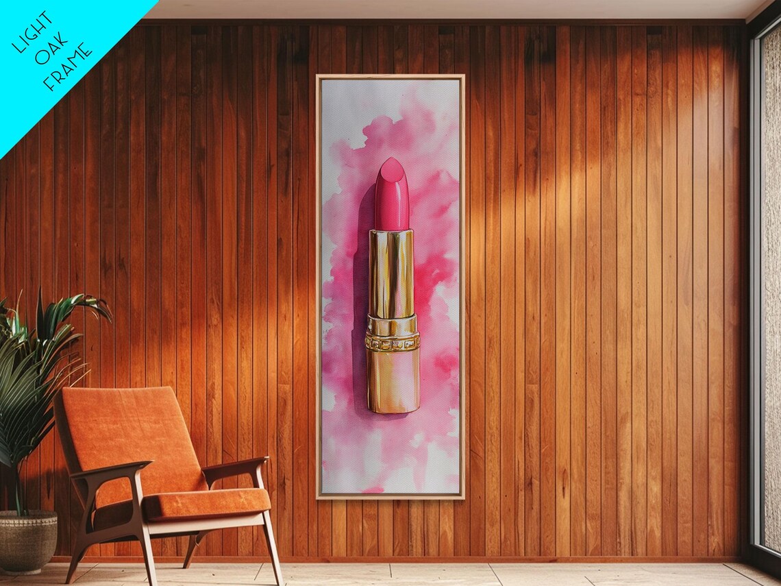 Pink Lipstick Watercolor Painting Gold Tube Makeup Beauty Vertical Poster - Image 4