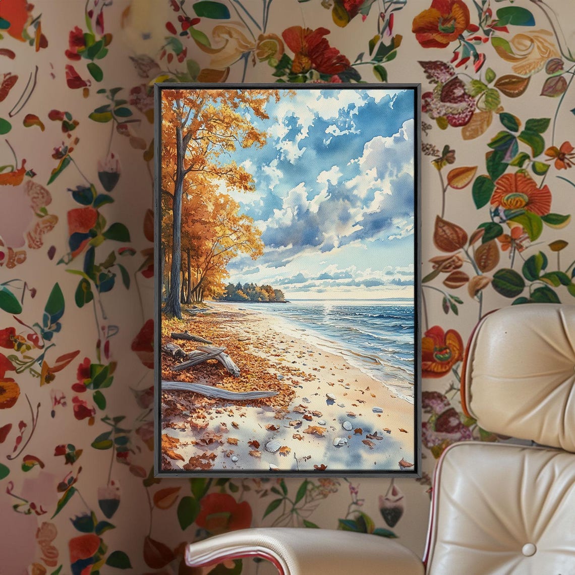 Autumn Beach With Fallen Leaves Driftwood Shore Scene Poster - Image 5