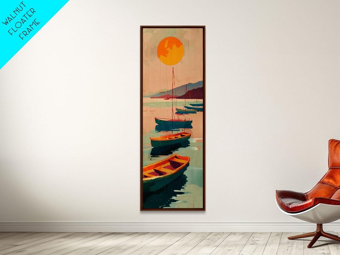 Rowboats And Golden Sun On Calm Water Skinny Art Wood Block Print Japanese Style Art Framed Print Tall Art Ukiyo E Art - Image 2