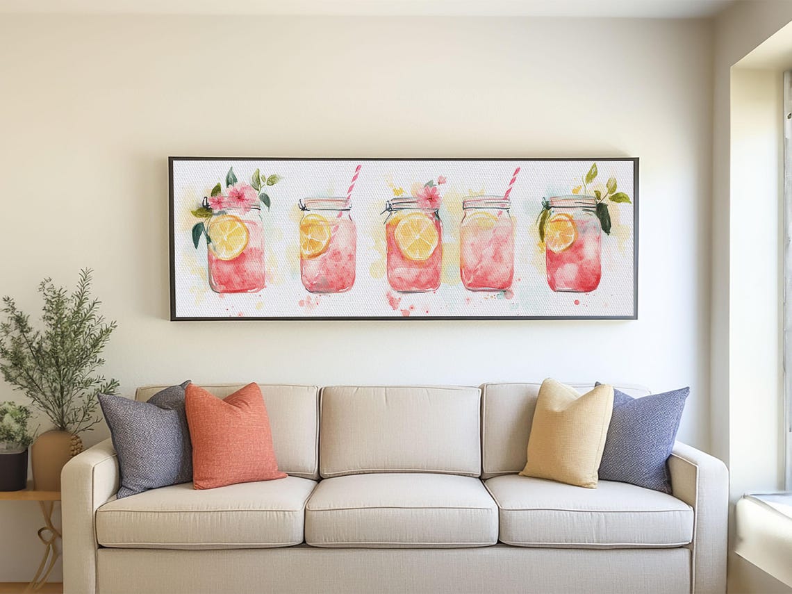 Pink Lemonade Mason Jars Row Watercolor Kitchen Panoramic Art Poster - Image 5