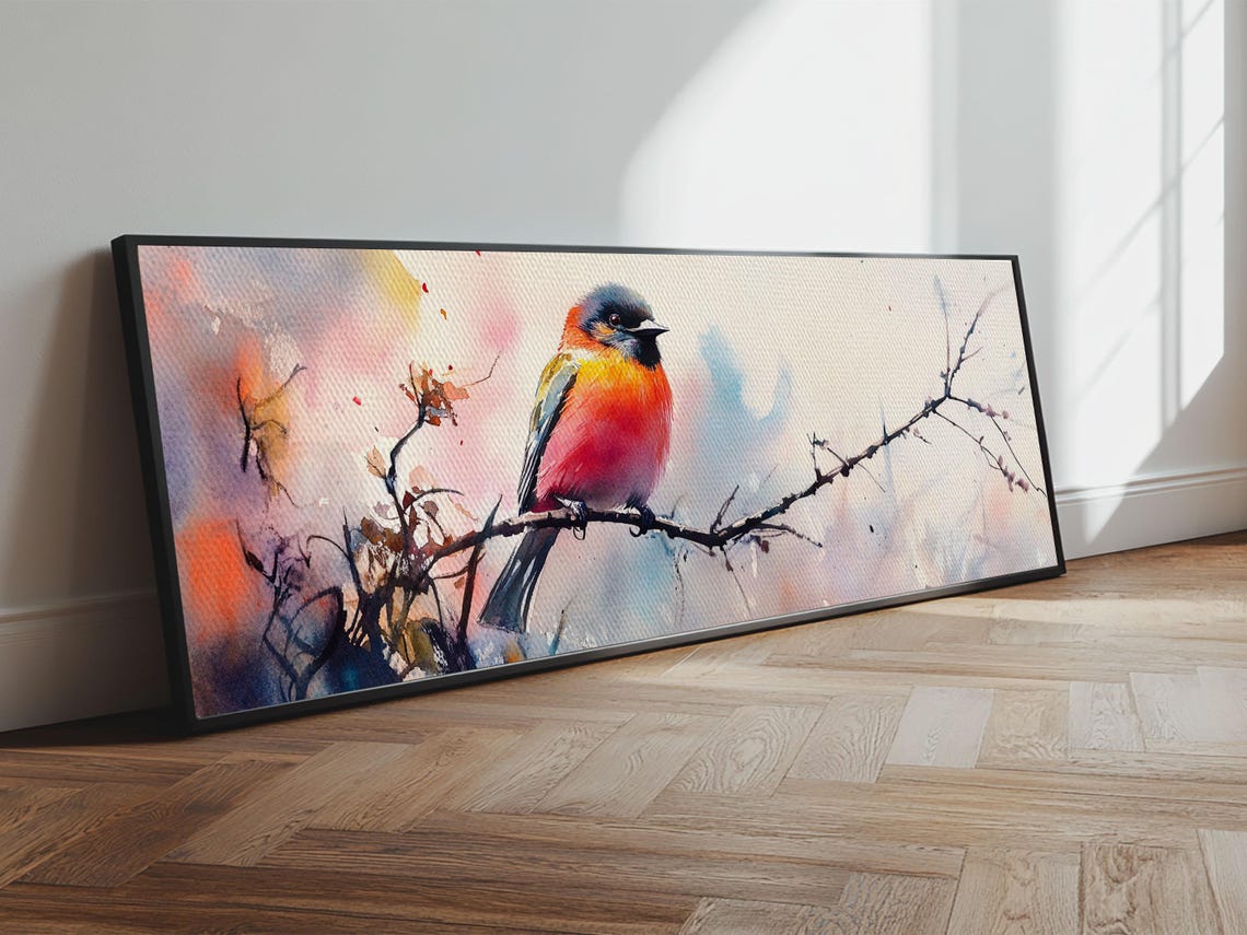 Autumn Colorful Songbird Watercolor Branch Panoramic Bird Wall Poster - Image 4