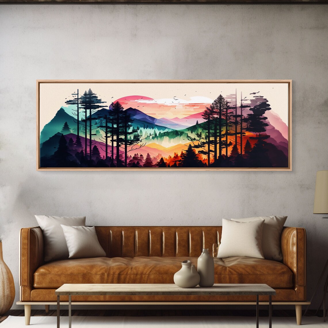 Vibrant Double Exposure Watercolor Of A Mountain Landscape And Pine Tree Forest At Sunset Wide Panoramic Framed Print