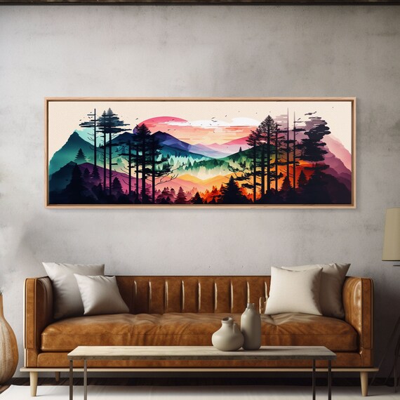 Vibrant Double Exposure Watercolor Of A Mountain Landscape And Pine Tree Forest At Sunset Wide Panoramic Framed Print