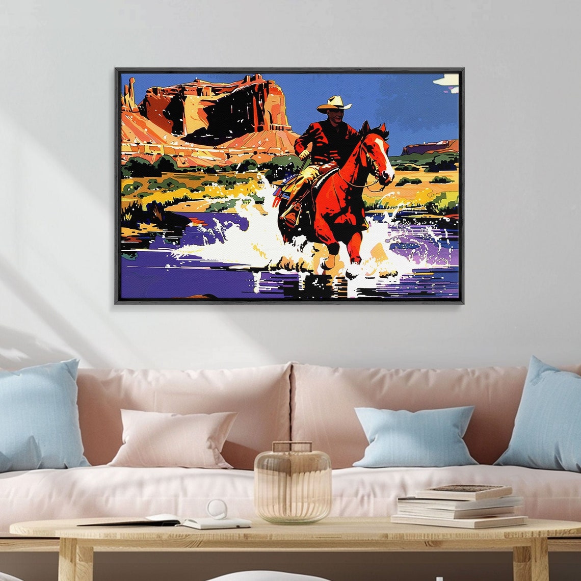 Cowboy Riding Red Horse Through River Canyon Pop Art Western Poster - Image 3