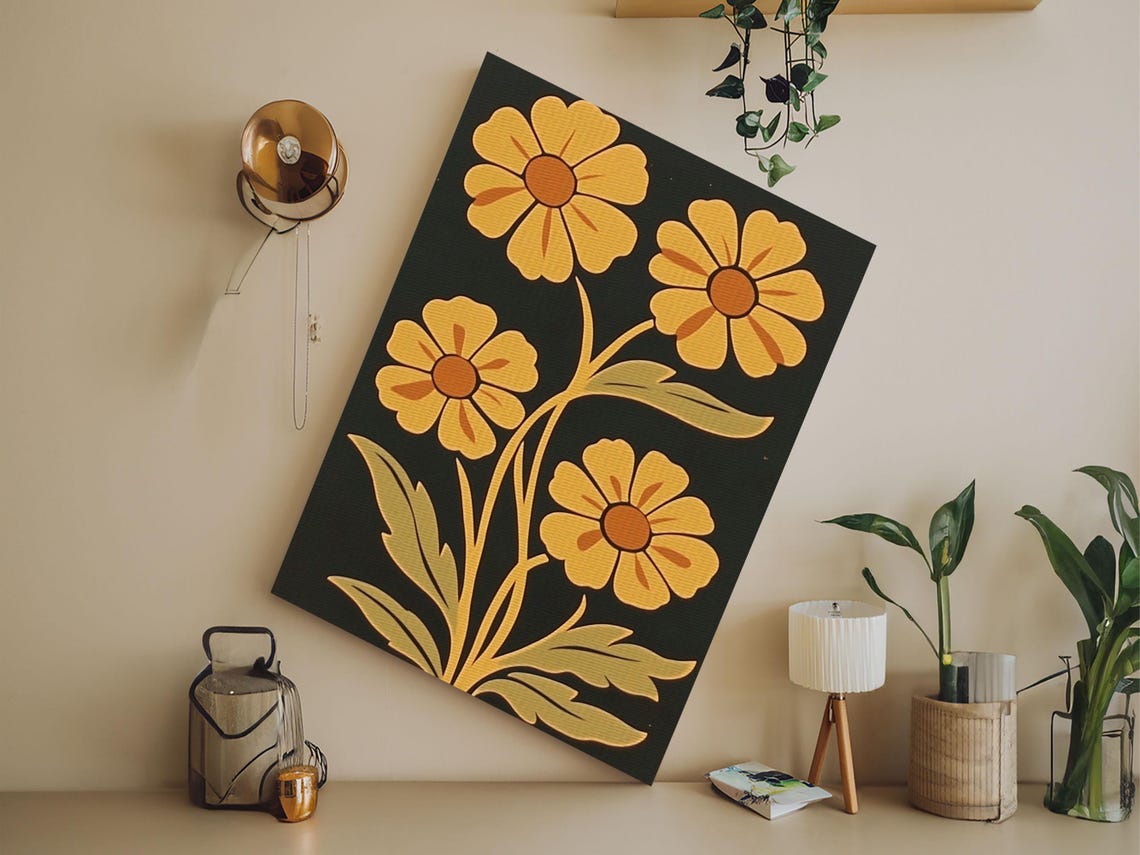 Yellow Daisy Flowers Dark Background Retro Minimalist Floral Art Print - Image 2