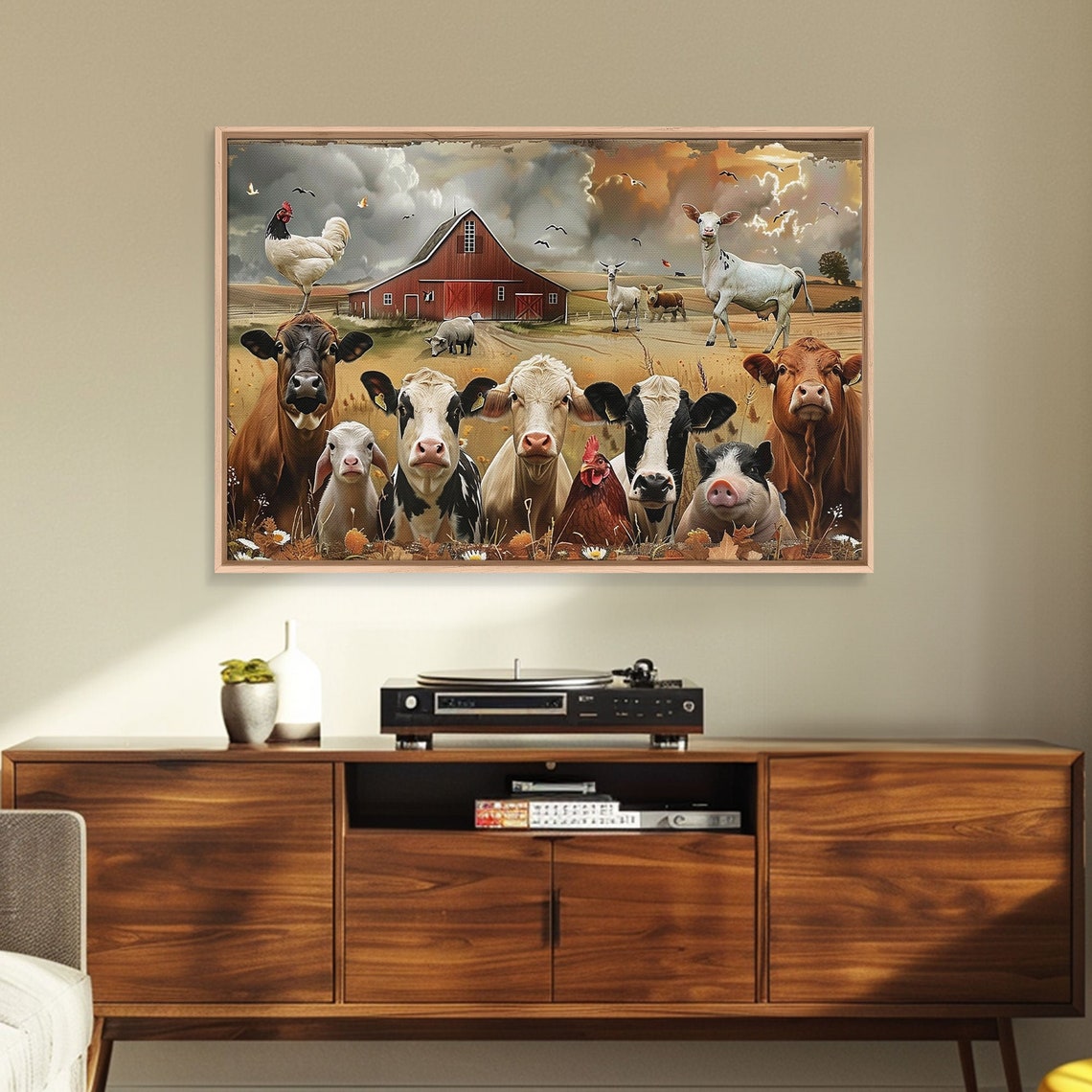 Cute Farm Animals Group Portrait Cows Pigs Chickens Barn Art Poster - Image 5