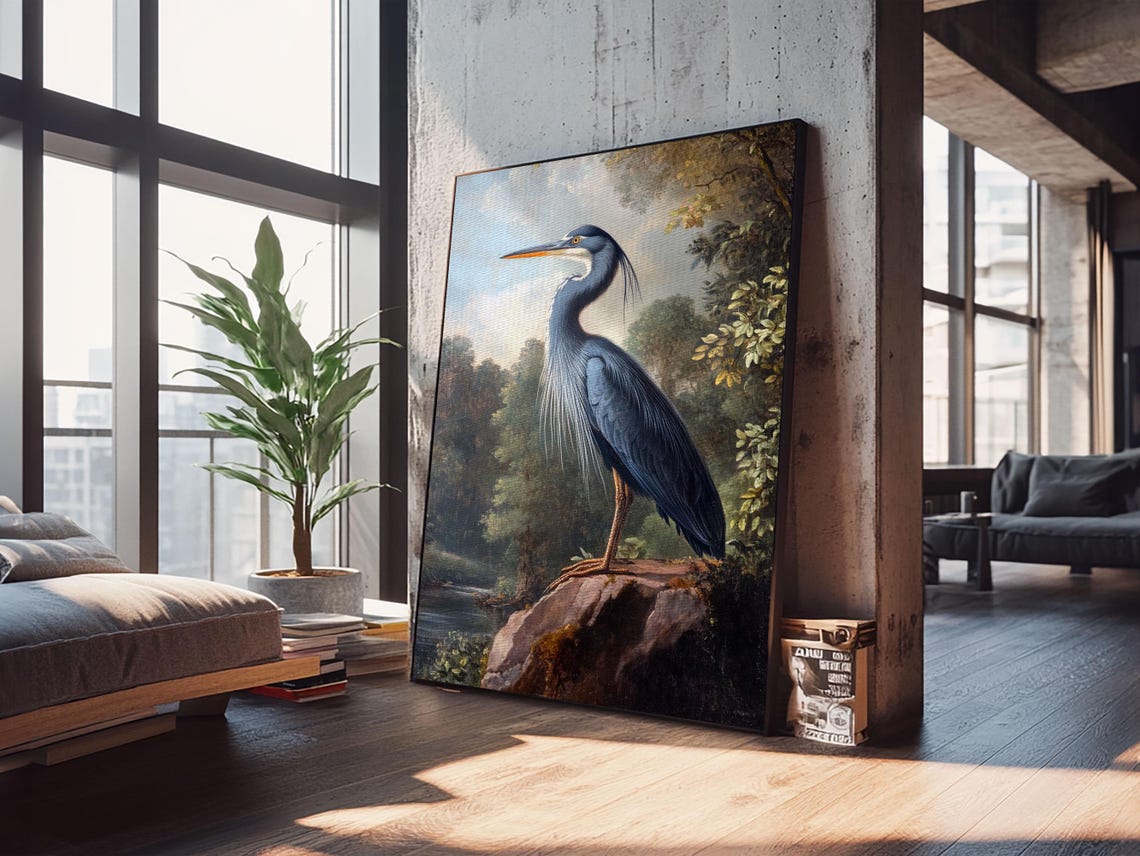 Great Blue Heron Standing on Rock River Landscape Wildlife Art Print - Image 4