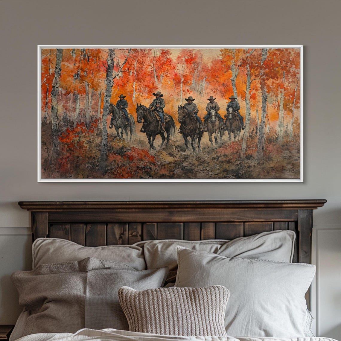 Cowboys Riding Through Fiery Autumn Birch Forest Western Art Print