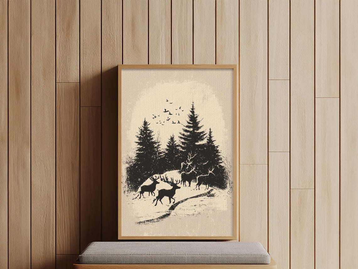 Deer Silhouettes Among Snowy Pines Black Winter Forest Animal Poster - Image 4