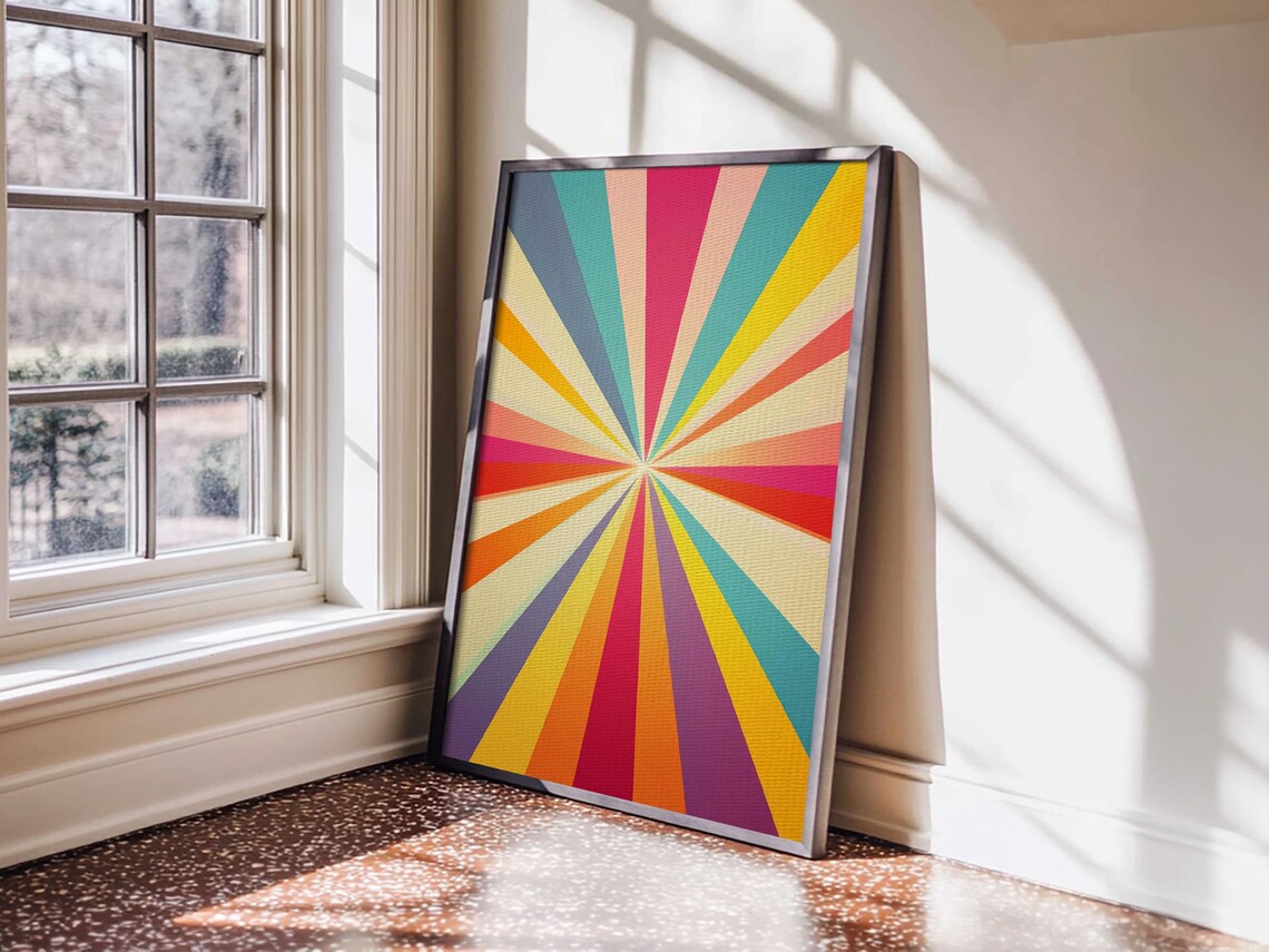 Colorful Sunburst Rays Teal Yellow Pink Vertical Retro Geometric Art Print - Image 6