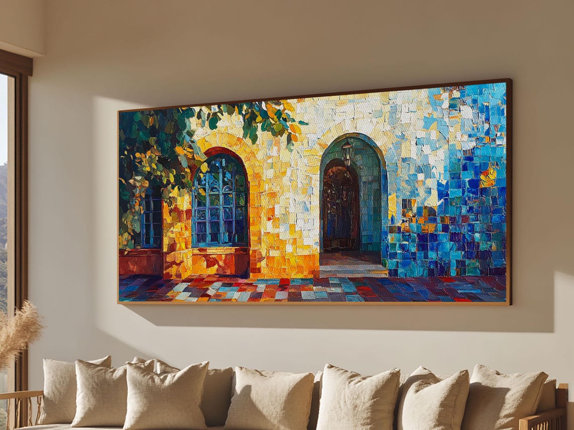 Sunlit Arched Windows Mosaic Blue Gold Mediterranean Tile Art Poster - Image 2