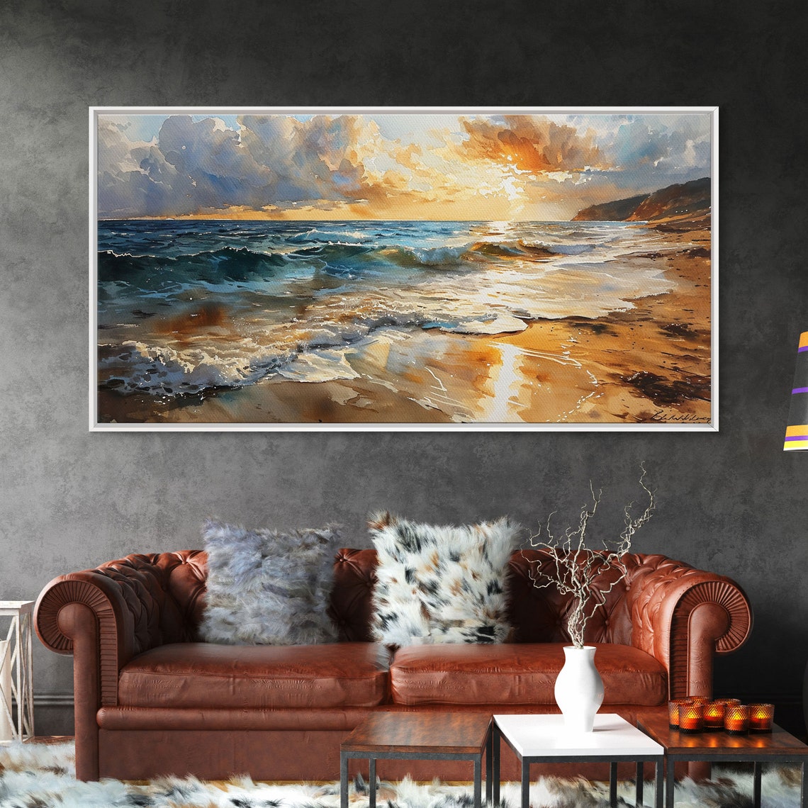 Golden Sunset Beach Waves Ocean Shoreline Watercolor Seaside Poster