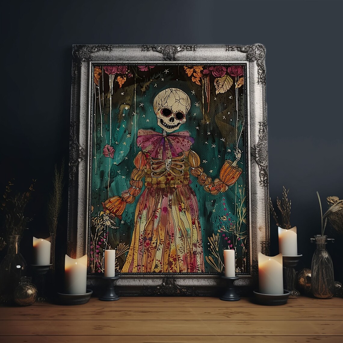 Day Of Dead Skeleton Orange Floral Gown Halloween Art Poster