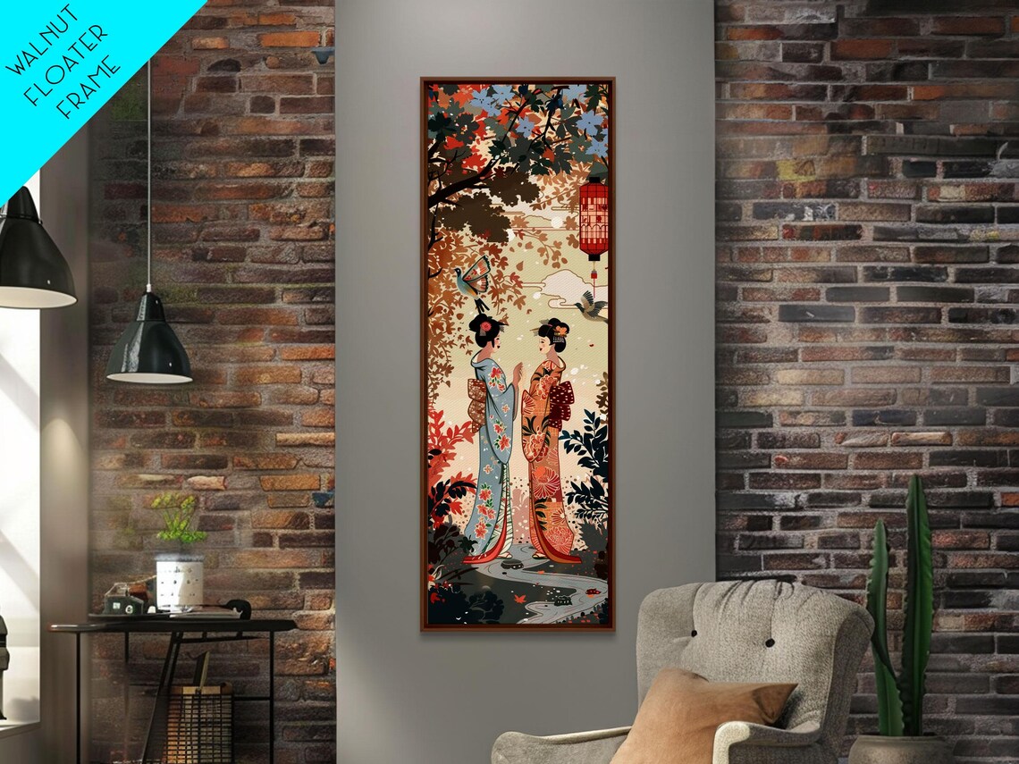 Japanese Geisha Kimono Women Autumn Maple Tree Lanterns Art Poster - Image 4