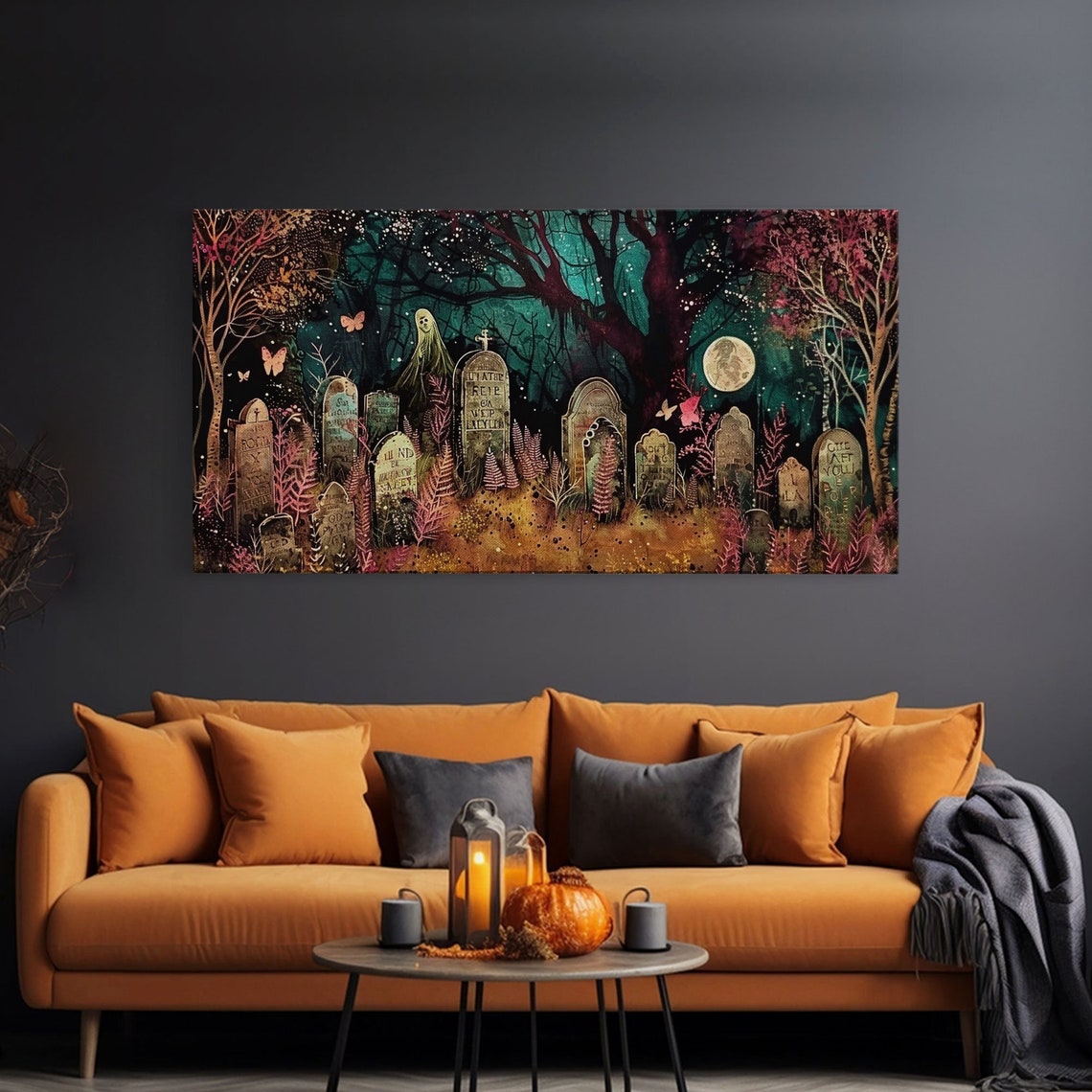 Colorful Haunted Graveyard At Night Spooky Season Halloween Art Print - Image 3