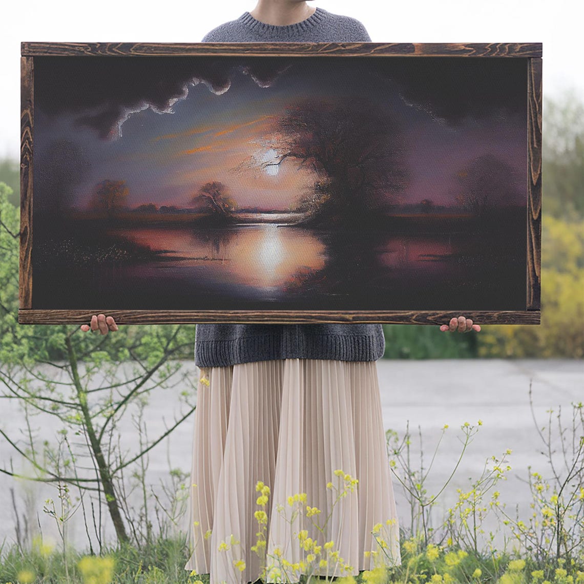 Dark Moody Moonlit Lake Stormy Purple Clouds Reflection Vintage Poster - Image 2