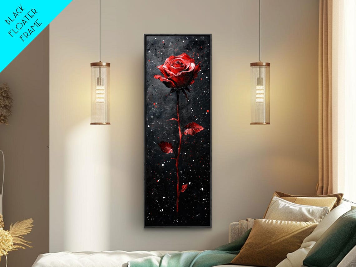Single Red Rose Dark Starry Night Moody Gothic Floral Poster - Image 2