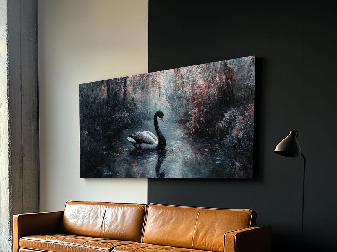 Dark Academia Black Swan Painting Misty Lake Gothic Romantic Art Print