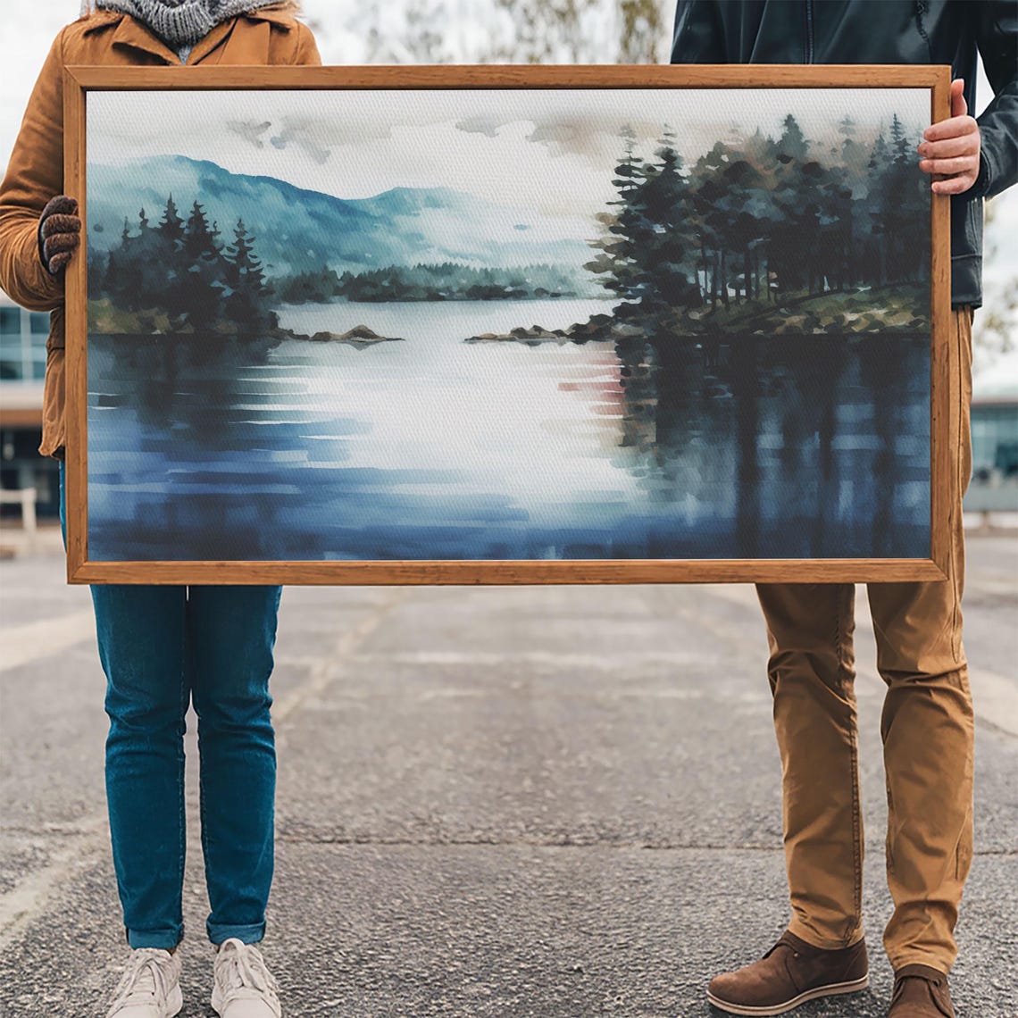 Subdued Lake Watercolor Pine Islands Misty Mountains Serene Wall Print - Image 3