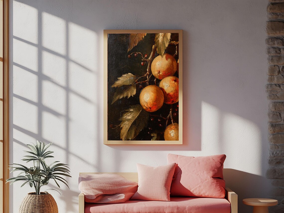 Antique Oranges On Branch Still Life Dark Oil Painting Art Print