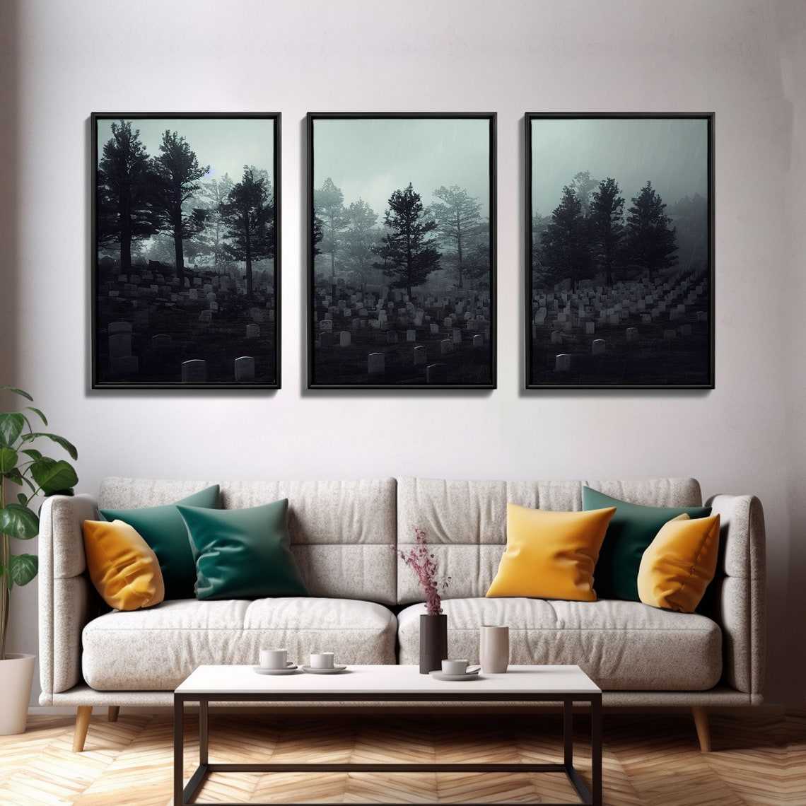 Spooky Foggy Graveyard With Dark Pines Three Piece Haunting Print - Image 3