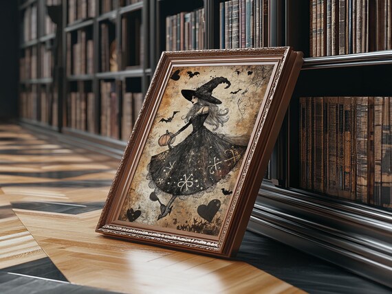 Elegant Vintage Witch With Pumpkin Bats Sepia Halloween Art Print