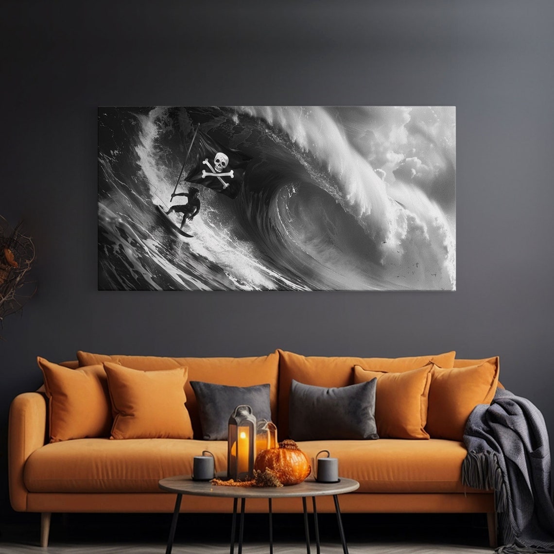 Pirate Surf Framed Print Black White Photography Style Wall Art Skull And Cross Bones Wall Art Manly Decor Mancave - Image 3