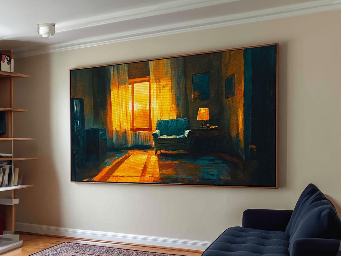 Golden Sunset Window Interior Teal Armchair Warm Lamp Glow Art Poster