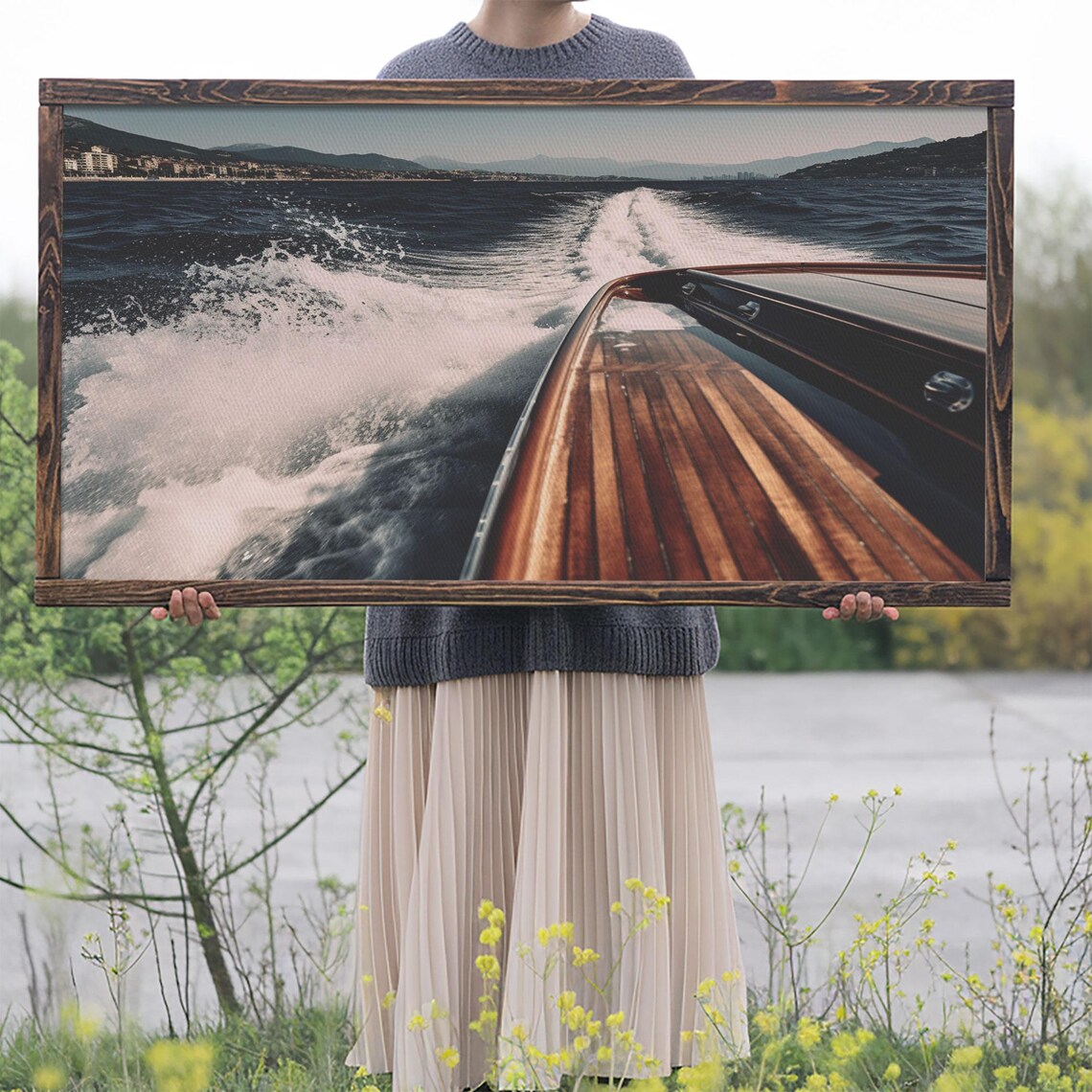 Speedboat Wake Rushing Past Rocky Coastline Town Dusk Photo Print - Image 2