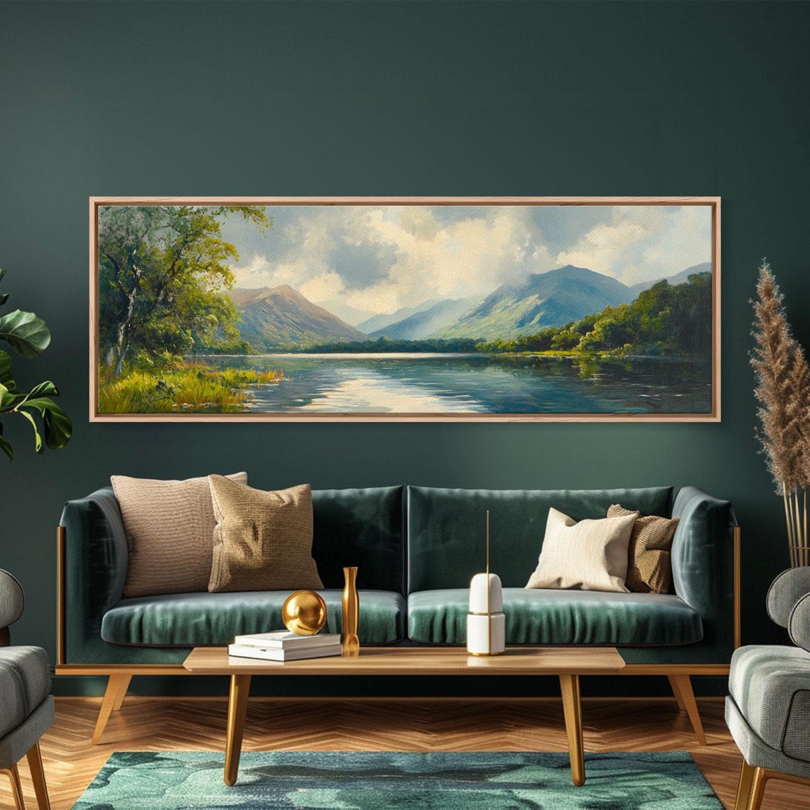 Serene Green Valley Lake Mountains Soft Light Watercolor Poster - Image 3