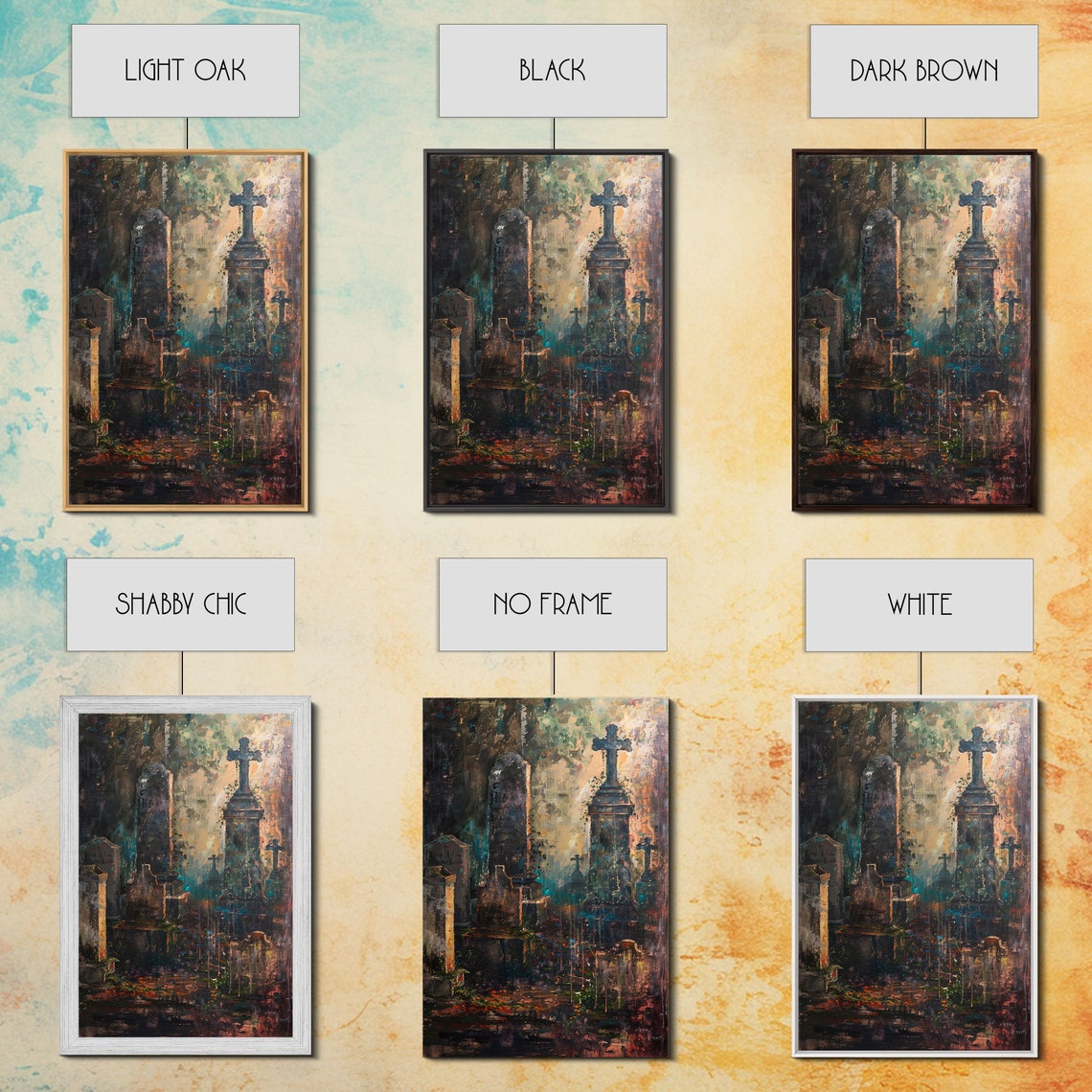 Gloomy Cemetery Stone Crosses Foggy Painterly Graveyard Art Poster - Image 3