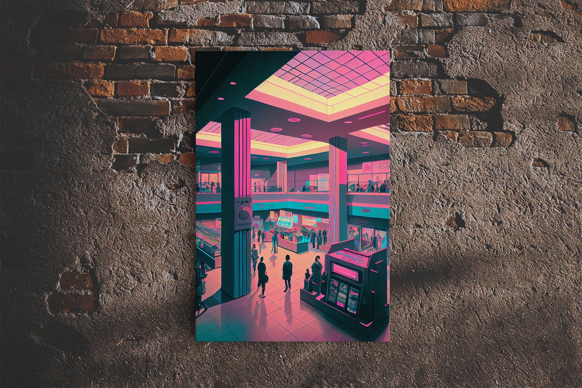 Retro 80s Mall Pink Teal Vaporwave Interior Neon Shopping Poster - Image 6