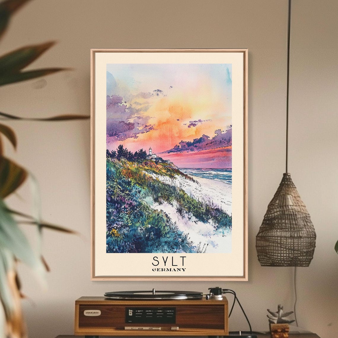 Sylt Germany Sunset Dune Coast Lighthouse Colorful Watercolor Poster - Image 2
