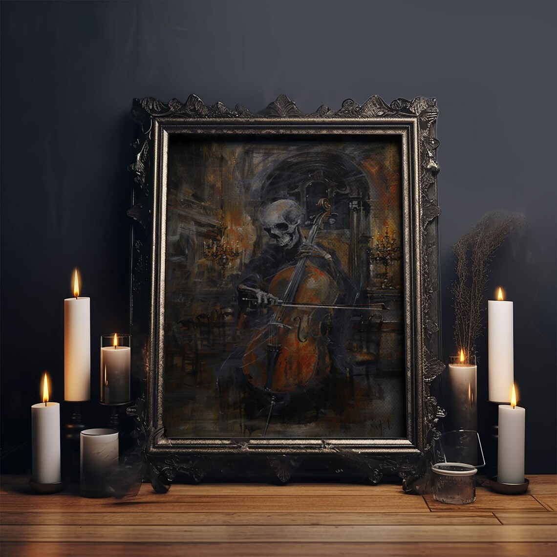 Skeleton Cellist Playing Inside Gothic Cathedral Dark Oil Painting Print - Image 6