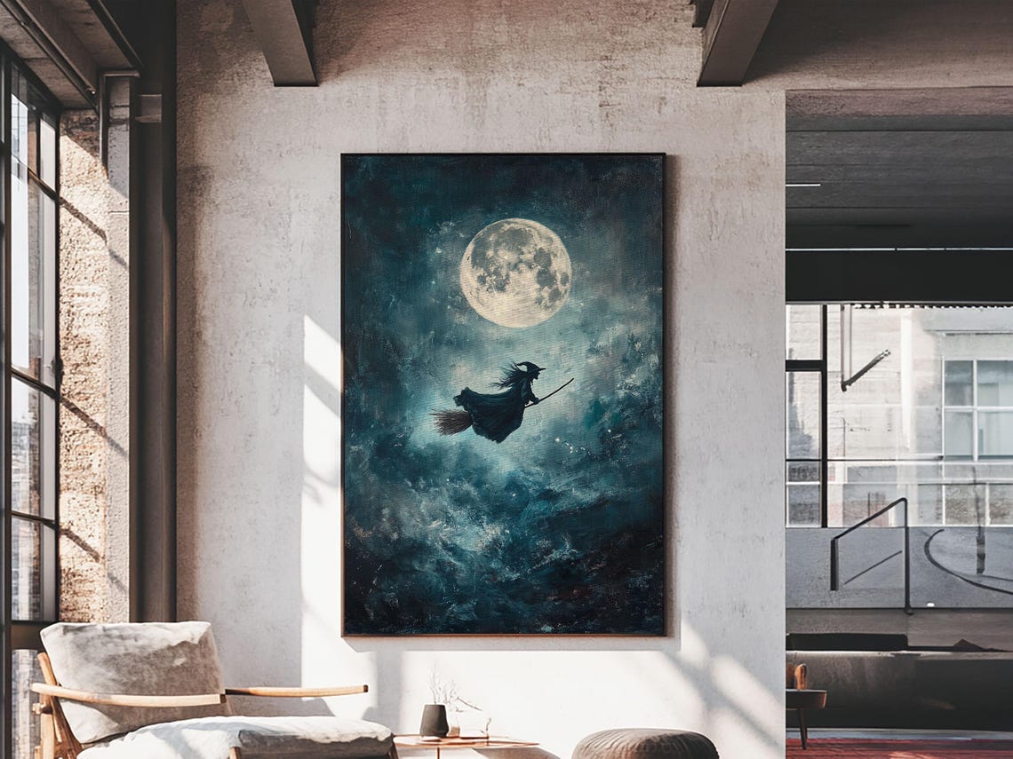 Witch Flying On Broom Under Full Moon Teal Night Sky Wall Art Print - Image 2