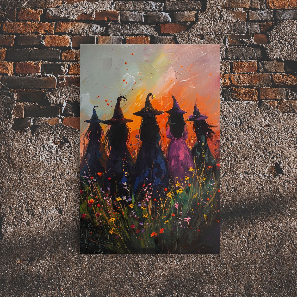 Five Witches Coven Sunset Silhouette Wildflowers Painterly Art Poster