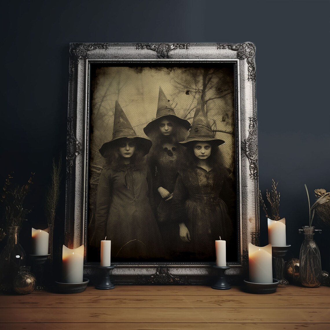 Spooky Witches Antique-Style Sepia Tintype Print